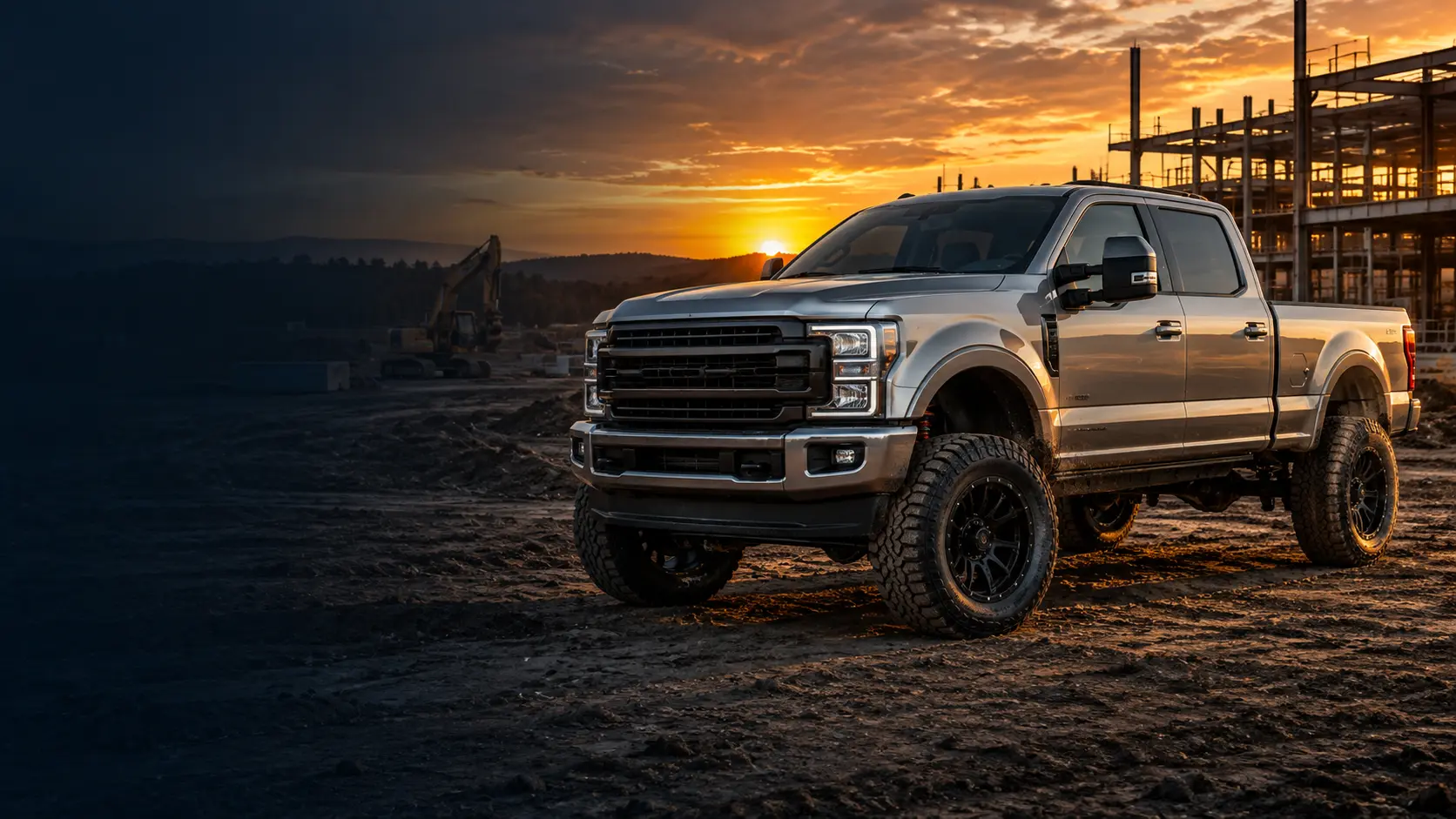 Lifted silver heavy-duty pickup at a construction site