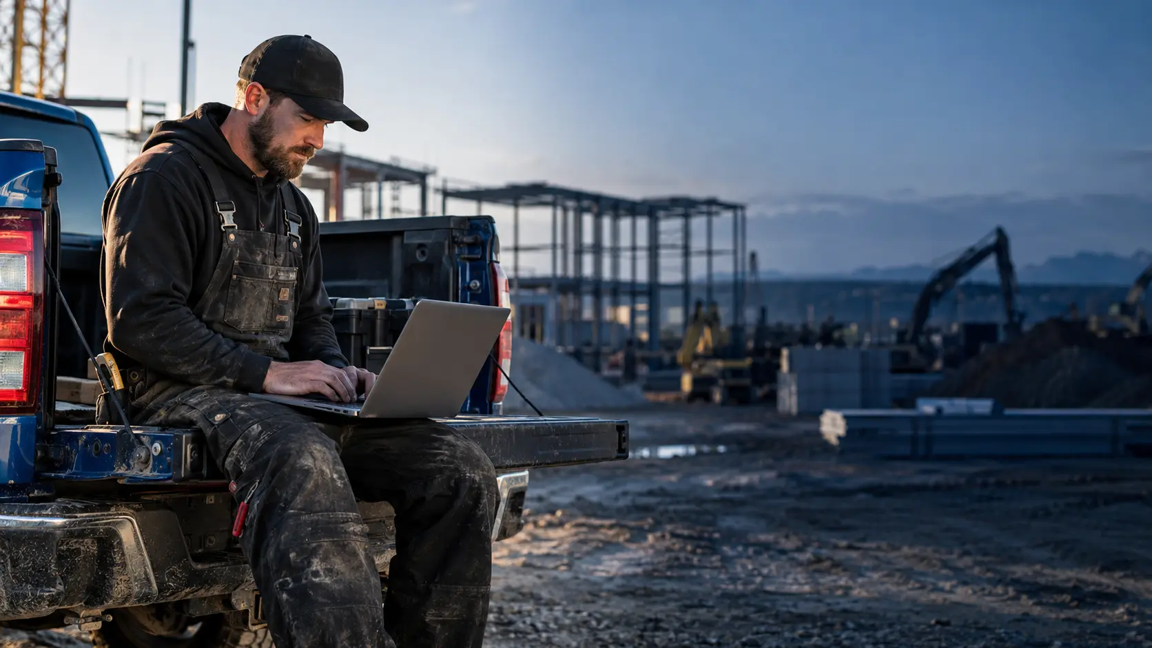 Contractor reviewing a plan on a laptop at his truck