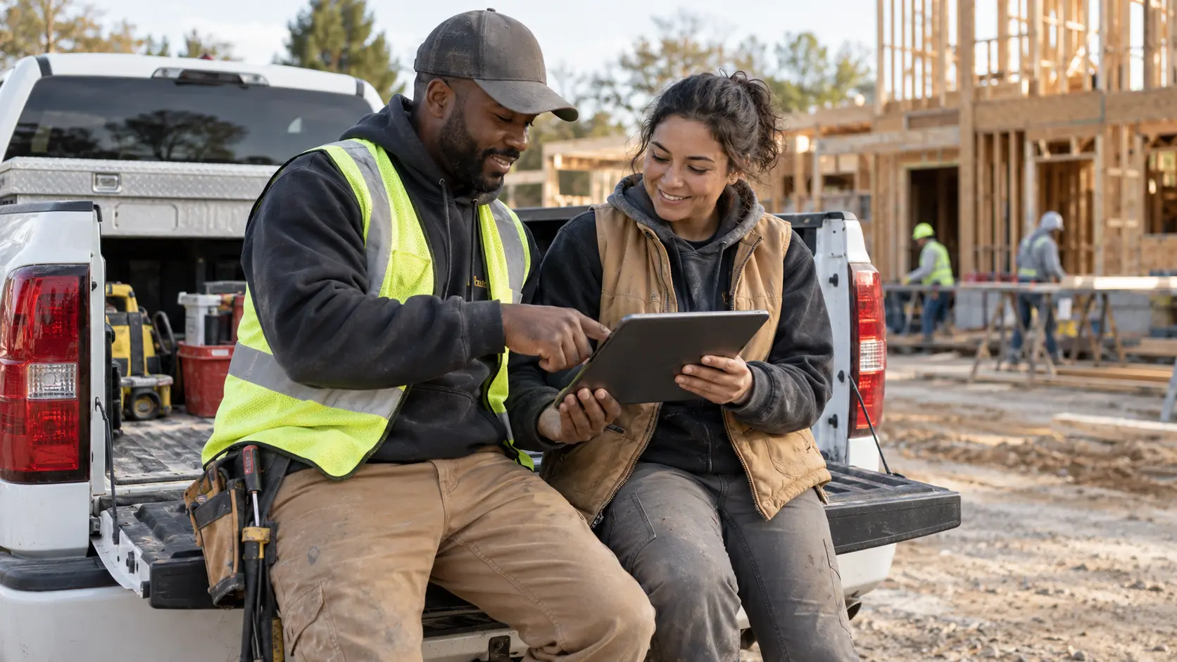Contractors comparing notes on a tablet