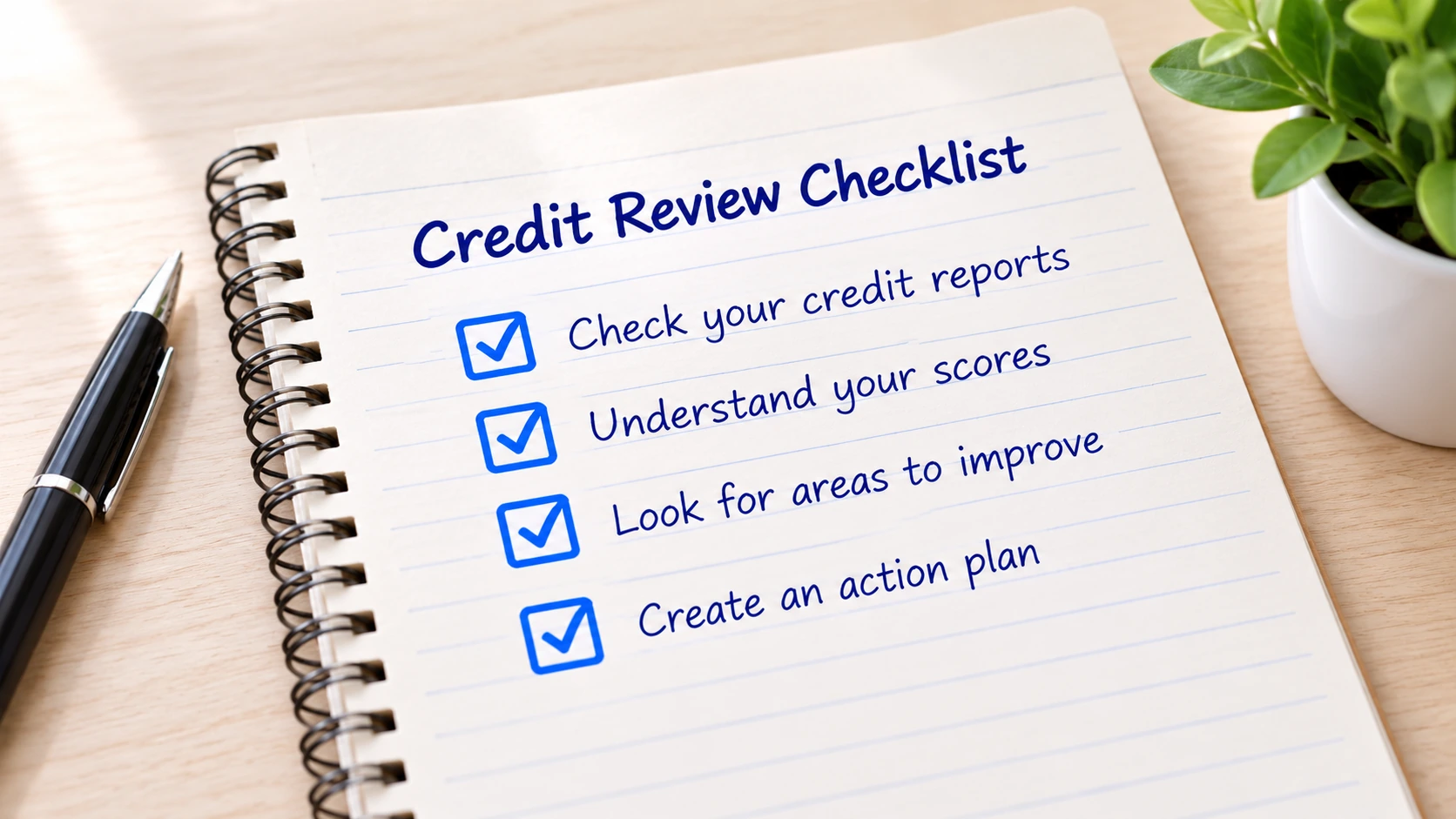A credit review checklist on a spiral notebook.