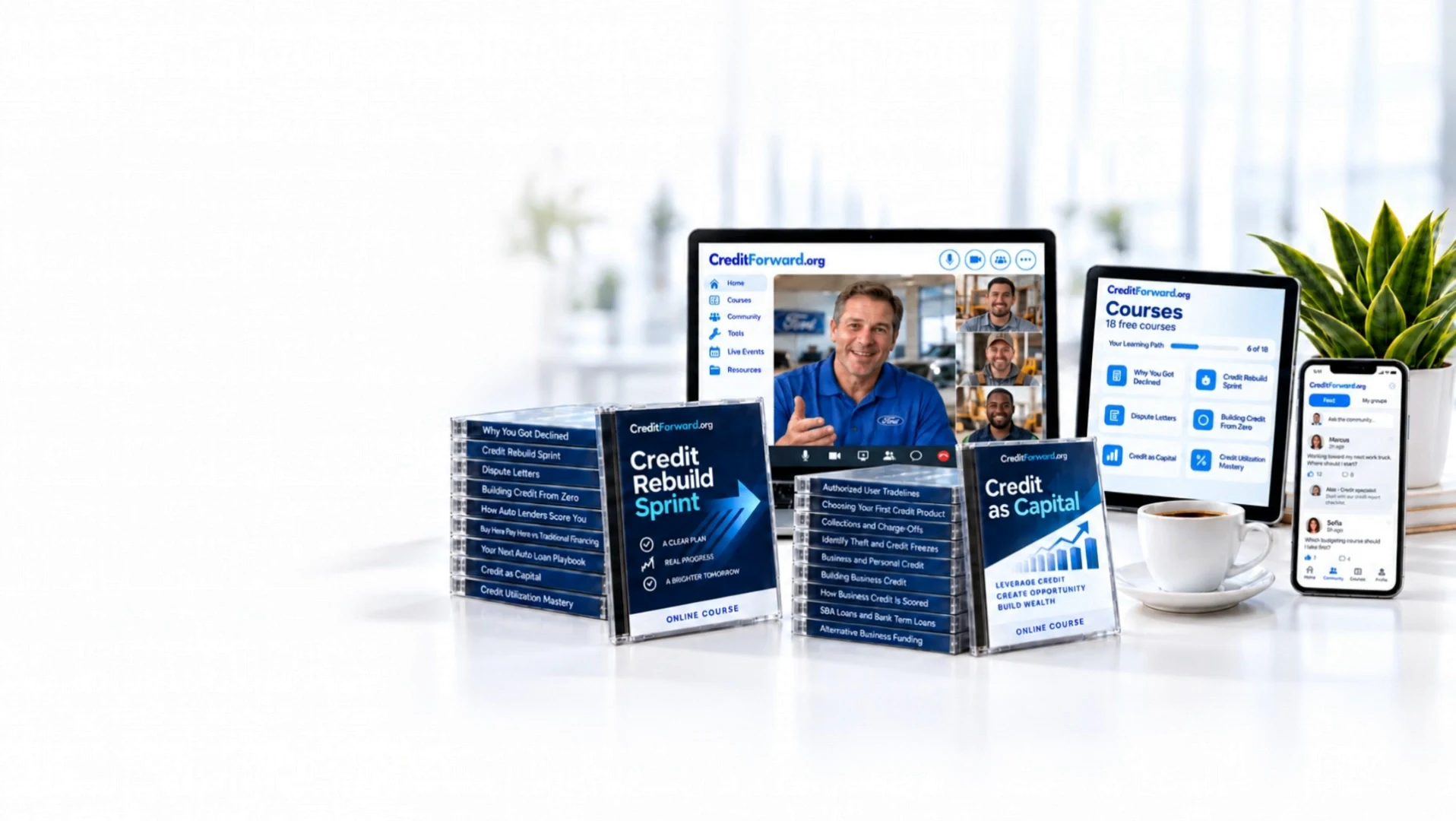 Laptop with a live expert conversation, tablet tools, community phone, books and espresso.