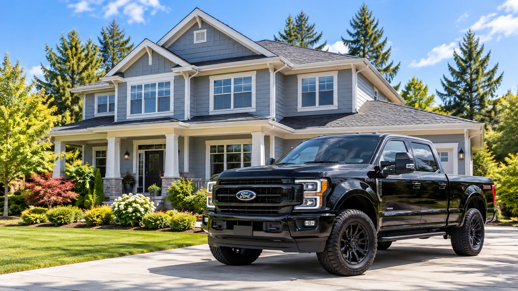 A home and black work truck.