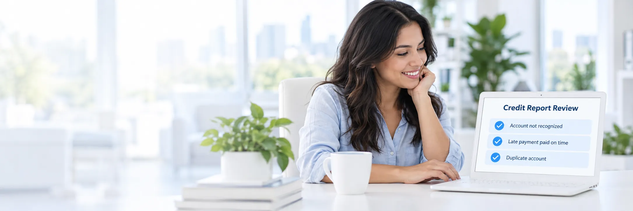A woman reviewing her credit report on her laptop.